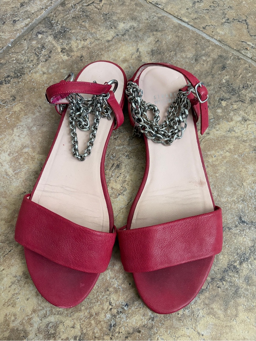 Stuart Weitzman pink leather flat sandals with silver chain detail. Size 9W - Picture 5 of 5